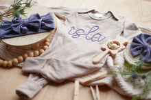 Load image into Gallery viewer, Personalized Baby Girl Outfit | Mocha Brown Romper Ellison Purple Chunky Chain Stitch Baby Name