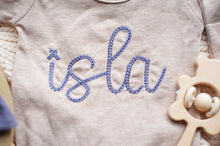 Load image into Gallery viewer, Personalized Baby Girl Outfit | Mocha Brown Romper Ellison Purple Chunky Chain Stitch Baby Name