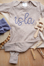 Load image into Gallery viewer, Personalized Baby Girl Outfit | Mocha Brown Romper Ellison Purple Chunky Chain Stitch Baby Name