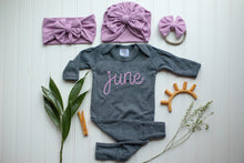 Load image into Gallery viewer, Personalized Baby Girl Outfit | Charcoal Romper Purple Chunky Chain Stitch Baby Name