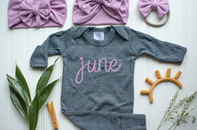 Load image into Gallery viewer, Personalized Baby Girl Outfit | Charcoal Romper Purple Chunky Chain Stitch Baby Name