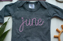 Load image into Gallery viewer, Personalized Baby Girl Outfit | Charcoal Romper Purple Chunky Chain Stitch Baby Name