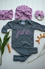 Load image into Gallery viewer, Personalized Baby Girl Outfit | Charcoal Romper Purple Chunky Chain Stitch Baby Name