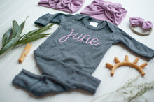 Load image into Gallery viewer, Personalized Baby Girl Outfit | Charcoal Romper Purple Chunky Chain Stitch Baby Name