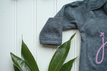 Load image into Gallery viewer, Personalized Baby Girl Outfit | Charcoal Romper Purple Chunky Chain Stitch Baby Name