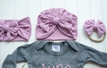 Load image into Gallery viewer, Personalized Baby Girl Outfit | Charcoal Romper Purple Chunky Chain Stitch Baby Name