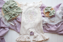 Load image into Gallery viewer, Baby Girl Easter Outfit | Oatmeal Flutter Sleeve Ruffle Romper -Tiny Floral Bunny