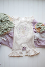 Load image into Gallery viewer, Baby Girl Easter Outfit | Oatmeal Flutter Sleeve Ruffle Romper -Tiny Floral Bunny