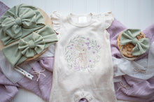 Load image into Gallery viewer, Baby Girl Easter Outfit | Oatmeal Flutter Sleeve Ruffle Romper -Tiny Floral Bunny