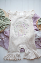 Load image into Gallery viewer, Baby Girl Easter Outfit | Oatmeal Flutter Sleeve Ruffle Romper -Tiny Floral Bunny