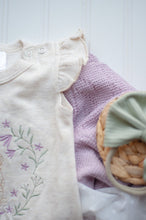 Load image into Gallery viewer, Baby Girl Easter Outfit | Oatmeal Flutter Sleeve Ruffle Romper -Tiny Floral Bunny