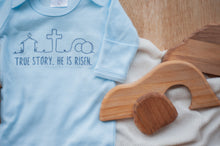 Load image into Gallery viewer, Baby Boy Easter Outfit | Blue Romper - True Story He Has Risen