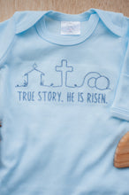 Load image into Gallery viewer, Baby Boy Easter Outfit | Blue Romper - True Story He Has Risen