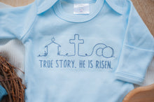 Load image into Gallery viewer, Baby Boy Easter Outfit | Blue Romper - True Story He Has Risen