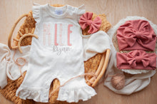 Load image into Gallery viewer, Personalized Flutter Romper | Oatmeal Ruffle Sleeve Romper Pink Cream Custom Baby Name - Millie Ryan