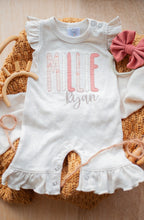 Load image into Gallery viewer, Personalized Flutter Romper | Oatmeal Ruffle Sleeve Romper Pink Cream Custom Baby Name - Millie Ryan