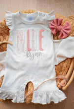 Load image into Gallery viewer, Personalized Flutter Romper | Oatmeal Ruffle Sleeve Romper Pink Cream Custom Baby Name - Millie Ryan