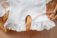 Load image into Gallery viewer, Personalized Flutter Romper | Oatmeal Ruffle Sleeve Romper Pink Cream Custom Baby Name - Millie Ryan