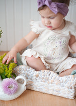 Load image into Gallery viewer, Baby Girl Easter Outfit | Oatmeal Flutter Sleeve Ruffle Romper -Tiny Floral Bunny
