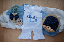 Load image into Gallery viewer, Personalized Baby Girl Outfit | White Flutter Sleeve Ruffle Romper Floral Blue Baby Name