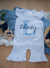 Load image into Gallery viewer, Personalized Baby Girl Outfit | White Flutter Sleeve Ruffle Romper Floral Blue Baby Name