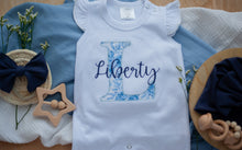 Load image into Gallery viewer, Personalized Baby Girl Outfit | White Flutter Sleeve Ruffle Romper Floral Blue Baby Name
