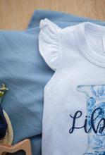 Load image into Gallery viewer, Personalized Baby Girl Outfit | White Flutter Sleeve Ruffle Romper Floral Blue Baby Name
