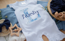 Load image into Gallery viewer, Personalized Baby Girl Outfit | White Flutter Sleeve Ruffle Romper Floral Blue Baby Name