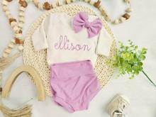 Load image into Gallery viewer, Personalized Baby Girl Outfit | Oatmeal Beige Bodysuit Ellison Purple Baby Name