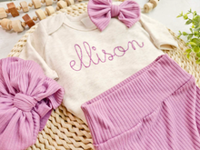 Load image into Gallery viewer, Personalized Baby Girl Outfit | Oatmeal Beige Bodysuit Ellison Purple Baby Name