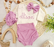 Load image into Gallery viewer, Personalized Baby Girl Outfit | Oatmeal Beige Bodysuit Ellison Purple Baby Name
