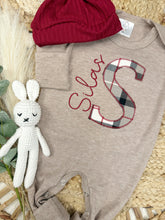 Load image into Gallery viewer, Personalized Baby Boy Name Outfit | Mocha Brown Romper Red Plaid Initial