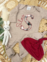 Load image into Gallery viewer, Personalized Baby Boy Name Outfit | Mocha Brown Romper Red Plaid Initial