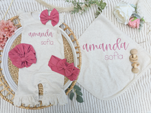 Load image into Gallery viewer, Personalized Baby Girl Outfit | Oatmeal Flutter Sleeve Romper Deep Pink Custom Name