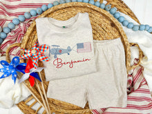 Load image into Gallery viewer, Fourth of July toddler shorts set / patriotic airplane outfit for boys