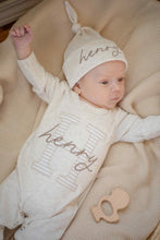 Load image into Gallery viewer, Personalized Baby Boy Outfit | Oatmeal Romper Beige Stripe Big Letter Taupe Baby Name