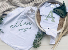 Load image into Gallery viewer, Personalized Baby Boy Outfit | White Romper Light Olive Green Baby Name