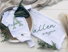 Load image into Gallery viewer, Personalized Baby Boy Outfit | White Romper Light Olive Green Baby Name