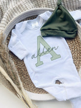 Load image into Gallery viewer, Personalized Baby Boy Outfit | White Romper Light Olive Green Baby Name