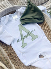Load image into Gallery viewer, Personalized Baby Boy Outfit | White Romper Light Olive Green Baby Name