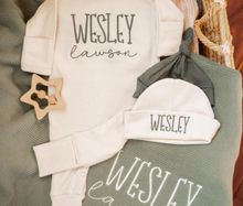 Load image into Gallery viewer, Personalized Baby Boy Outfit | Natural Cotton Romper Sage Green Baby Name