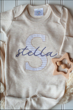 Load image into Gallery viewer, Personalized Baby Girl Outfit | Oatmeal Romper Beige Stripe Deep Rose Pink Baby Name