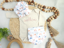 Load image into Gallery viewer, Personalized Baby Girl Outfit | Oatmeal Beige Bodysuit Water Color Rainbow Pink Baby Name