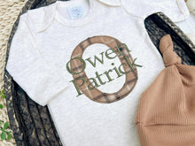 Load image into Gallery viewer, Personalized Baby Boy Name Outfit | Oatmeal Romper Brown Green Plaid Initial Baby Name