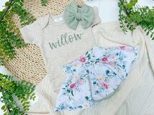 Load image into Gallery viewer, Personalized Baby Girl Outfit | Oatmeal Beige Bodysuit Sage Green Floral Baby Name