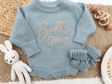 Load image into Gallery viewer, Personalized Baby Boy Outfit | Sweater Bubble Romper Blue Baby Name