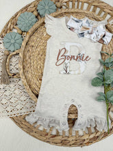 Load image into Gallery viewer, Personalized Baby Girl Outfit | Oatmeal Flutter Sleeve Ruffle Romper Floral White Baby Name