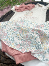 Load image into Gallery viewer, Personalized Baby Girl Outfit | Oatmeal Bodysuit Small Flowers Skirt Pink Baby Name