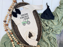 Load image into Gallery viewer, Farm Baby Outfit | Oatmeal Romper Green Tractor - Going Home