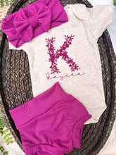 Load image into Gallery viewer, Personalized Baby Girl Outfit | Oatmeal Bodysuit Bright Pink Floral Initial Baby Name